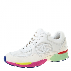 Pre Owned Chanel White Mesh And Leather CC Multicolor Sole Lace Up Sneakers Size 37.5