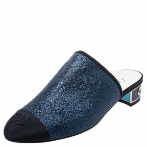 Chanel Blue Glitter And Black CC Canvas Cap Toe Mules Size 37