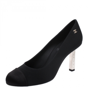 Pre Owned Chanel Black Grosgrain And Satin CC Metal Ruler Heel Pumps Size 36.5