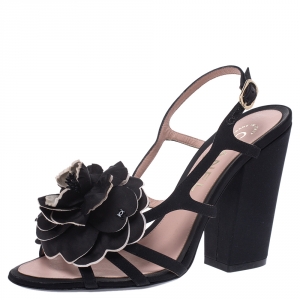 Chanel Black/Cream Satin Camellia Embellished Slingback Sandals Size 36.5