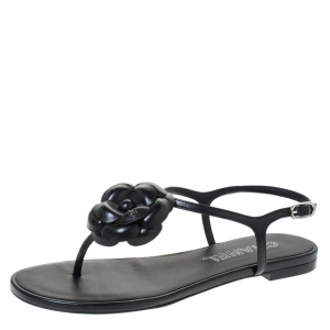 Chanel Black Leather CC Camellia Flat Thong Sandals Size 38.5