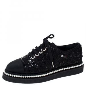 Pre Owned Chanel Black Sequin Embellished Tweed Fabric and CC Faux Pearl Trim Platform Sneakers Size 38