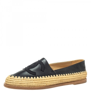 Pre Owned Chanel Black Leather CC Raffia Espadrilles Size 39