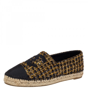 Pre Owned Chanel Black/Gold Tweed And Fabric CC Flat Espadrilles Size 39