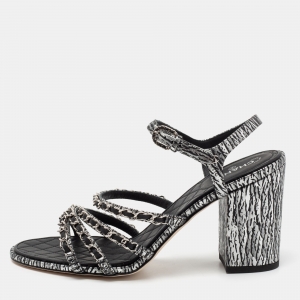 Chanel Black/Silver Leather Chain Embellished Ankle Strap Sandals Size 41.5