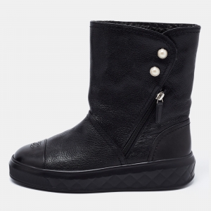 Chanel Black Leather CC Sneaker Boots Size 38.5