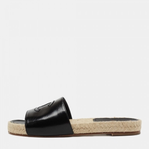 Chanel Black Patent Leather CC Flat Espadrille Slides Size 38