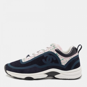 Pre Owned Chanel Navy Blue/Pink Tweed CC Low Top Sneakers Size 37.5