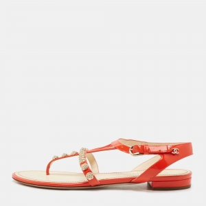 Chanel Orange Patent Leather CC Camellia Studs Thong Flats Size 37.5 