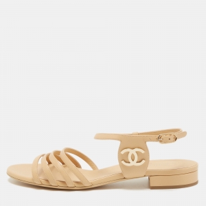 Pre Owned Chanel Beige Leather CC Strappy Sandals Size 40