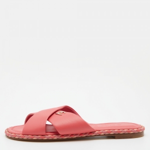 Chanel Peach Leather Braided Trim Criss Cross CC Flat Slides Size 36