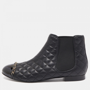 Chanel Black Quilted Leather and Patent Cap Toe Chain Detail Ankle Boots Size 39.5