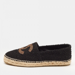Chanel Black Tweed CC Espadrille Flats Size 41