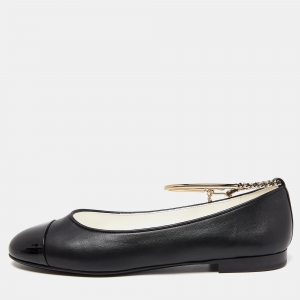 Pre Owned Chanel Black Leather and Patent CC Chain Cap Toe Ballet Flats Size 38.5