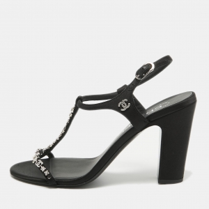 Chanel Black  Satin Crystal Embellished CC Logo Sandals Size 37