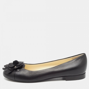 Pre Owned Chanel Black Leather CC Floral Applique Ballet Flats Size 39