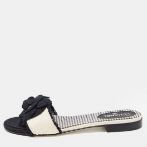 Chanel White/Black Tweed CC Camelia Flat Slides Size 37