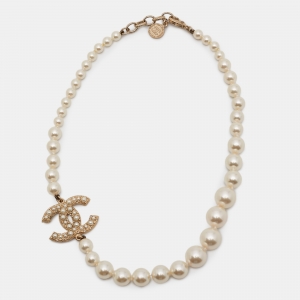 Chanel CC 100th Anniversary Faux Pearl Crystal Gold Tone Necklace