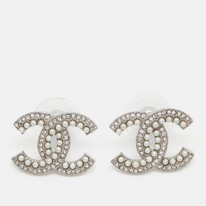 Chanel CC Crystals Faux Pearl Silver Tone Earrings