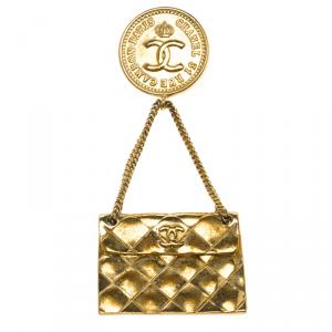 Pre Owned Chanel Vintage Flap Bag Gold Tone Brooch