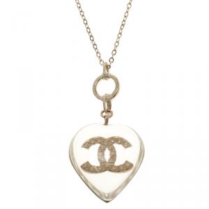 Chanel Faux Pearl Clear Resin Heart Pendant Necklace 