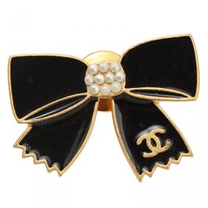 Chanel Black Pearl Embellished Bow Brooch