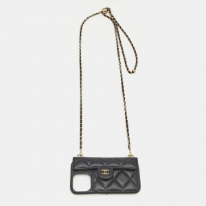 Chanel Black Caviar Quilted Leather iPhone 13 Classic Chain Case