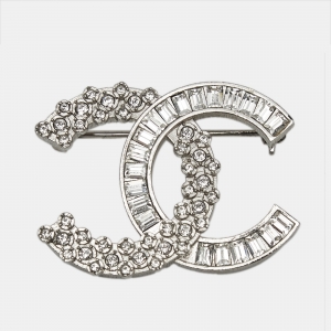 Chanel CC Crystal Embellished Silver Tone Pin Brooch