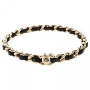 Chanel CC Black Leather Woven Gold Tone Chain Bangle Bracelet 