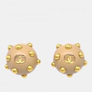 Pre Owned Chanel CC Logos Studs Button Earrings Beige Gold Clip-On