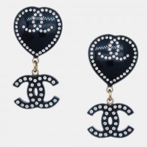 Chanel Gold Plated Rhinestone CC Heart Dangle Earrings Clip-On Black 09C