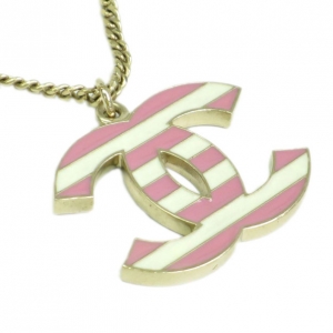 Pre Owned Chanel CC Logo Pink and White Stripes Large Pendant Necklace