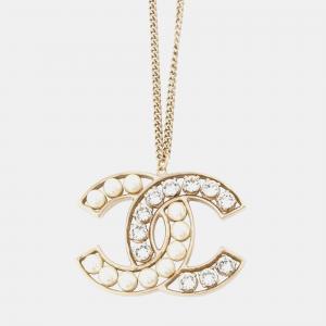 Pre Owned Chanel Cc Logo Necklace Metal Faux Pearl Rhinestone