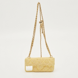مملوكة مسبقًا Chanel Yellow Quilted Tweed CC iPhone 12 Pro Max Case with Strap
