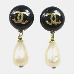 Chanel Artificial Pearl Dangle Earrings Clip-On Black