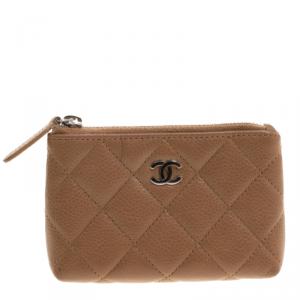 Pre Owned Chanel Brown Quilted Caviar Leather CC Key Holder