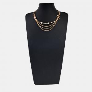 Pre Owned Chanel Gold Pearl Embellished Stone Layered Necklace