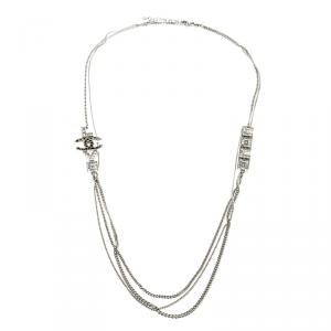 Pre Owned Chanel CC Coco Love Crystal Silver Tone Multi Strand Necklace