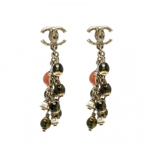 Pre Owned Chanel CC Multicolored Bead Gold Tone Clip-on Dangle Earrings 