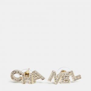 Pre Owned Chanel Logo Letter Studs Gold Crystals Earrings