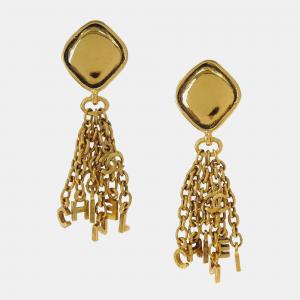 Pre Owned Chanel Vintage Rhombus CC Tassel Metal Women's Clip -On Earrings