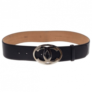 Pre Owned Chanel CC Logo Black Leather Belt 80CM