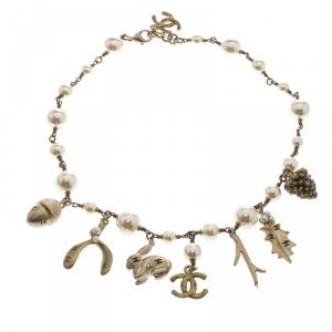 Pre Owned Chanel Faux Pearl Autumn Theme Charms Gold Tone Necklace