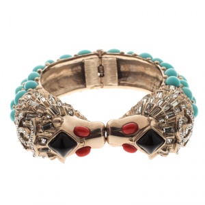 Pre Owned Chanel CC Cabochon Crystal Detailed Lion Head Hinged Cuff Bracelet