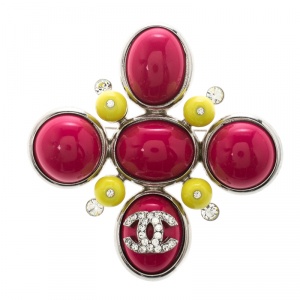 Chanel CC Pink Cabochon Crystal Silver Tone Brooch