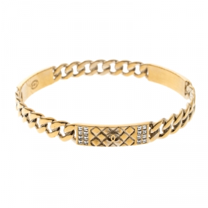 Chanel CC Crystal Textured Chain Link Gold Tone Bangle Bracelet 