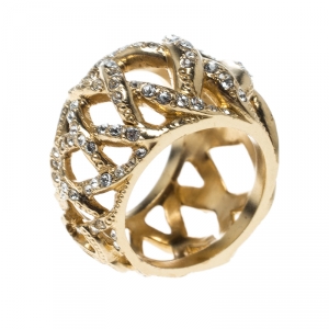 Pre Owned Chanel CC Criss Cross Crystal Gold Tone Band Ring Size 54