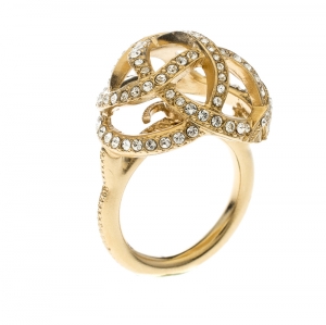 Pre Owned Chanel CC Criss Cross Crystal Gold Tone Dome Cocktail Ring Size 51