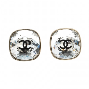 Pre Owned Chanel CC Crystal Gold Tone Stud Earrings