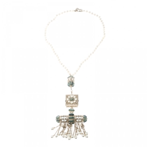 Chanel Teal Enamel Faux Pearl Gold Tone Tassel Necklace